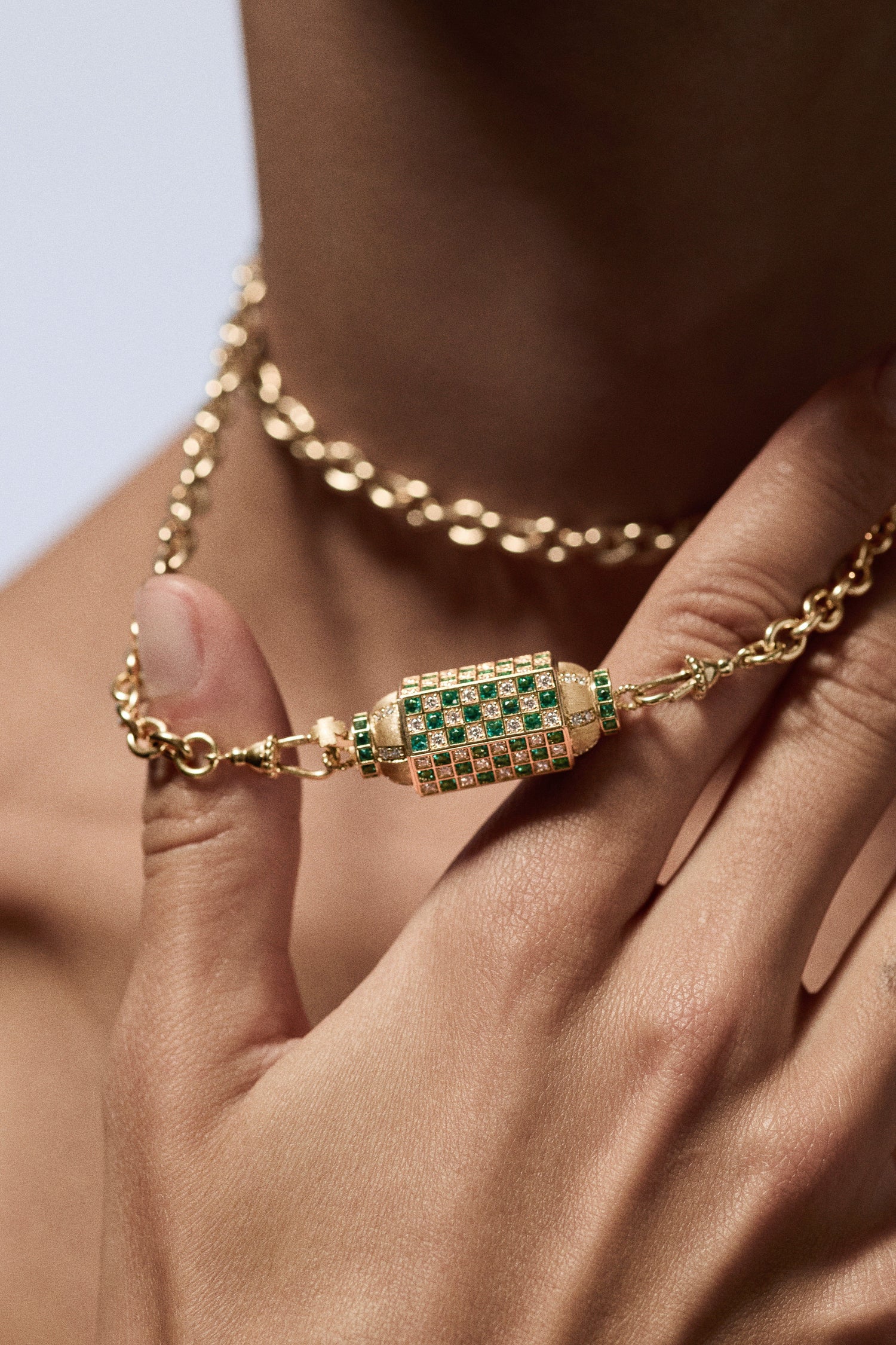 Marie Lichtenberg Staging Locket Check Emerald Locket on Rosa Classic Chain