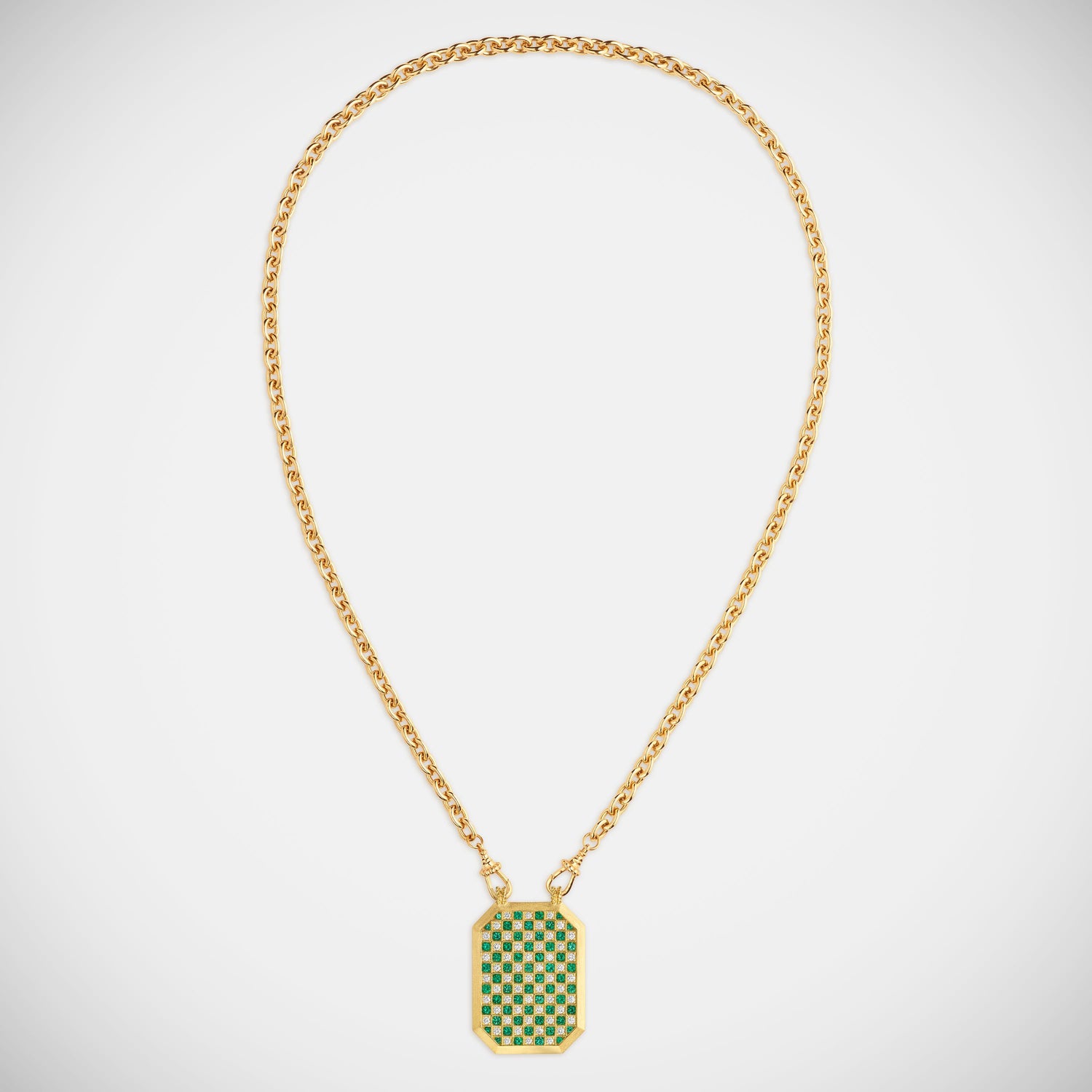 Marie Lichtenberg Staging Scapulaires Check Emerald Scapular on Rosa Classic Chain