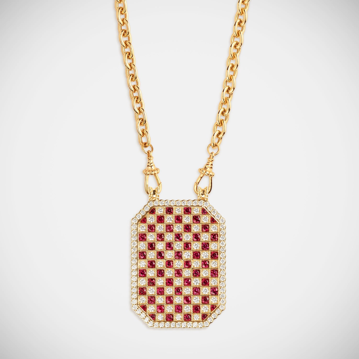 Marie Lichtenberg Staging Scapulaires Check Ruby Scapular on Rosa Classic Chain