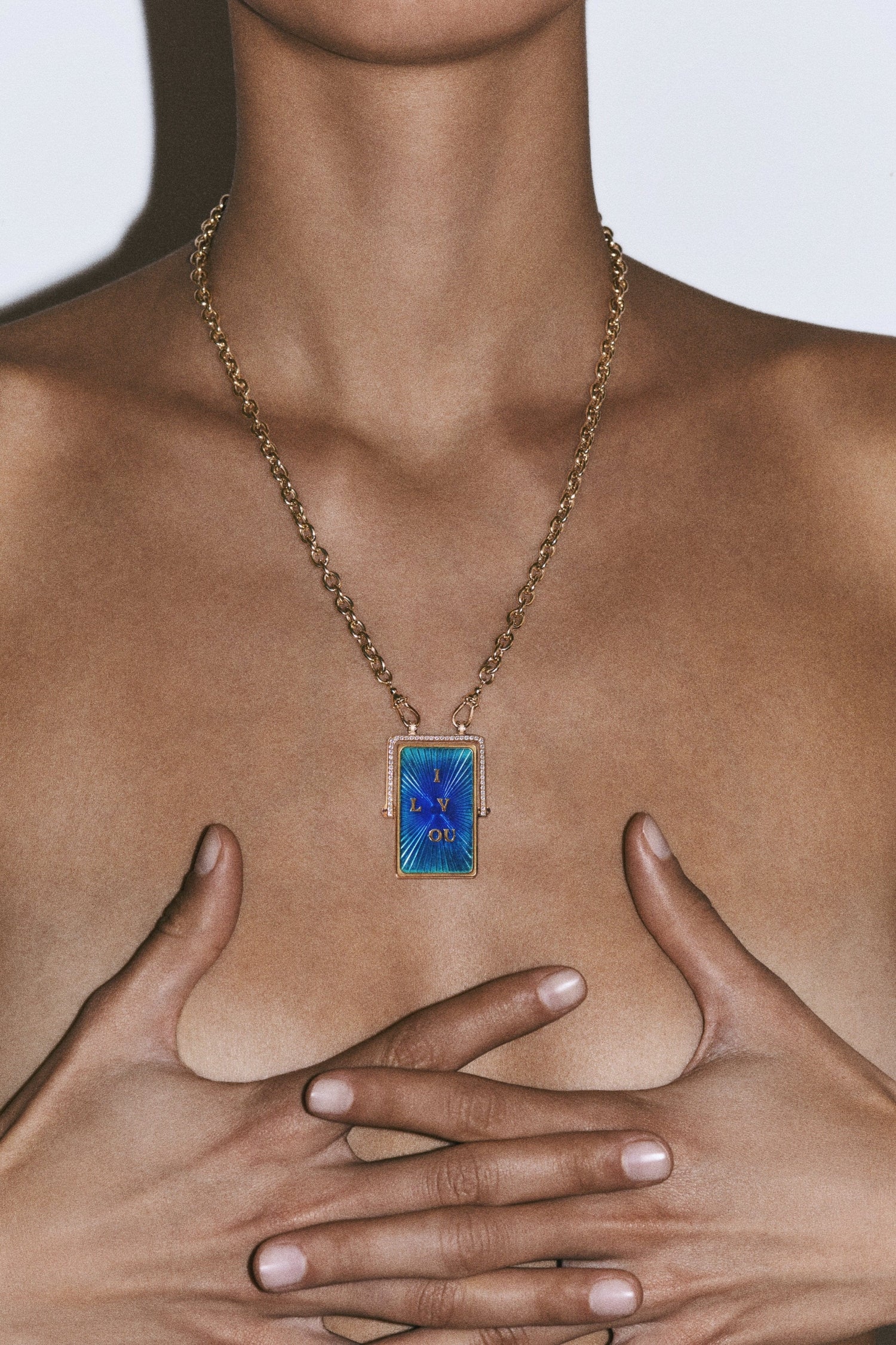 Marie Lichtenberg Staging Scapulaires Love You Spinning Scapular on Rosa Classic Chain