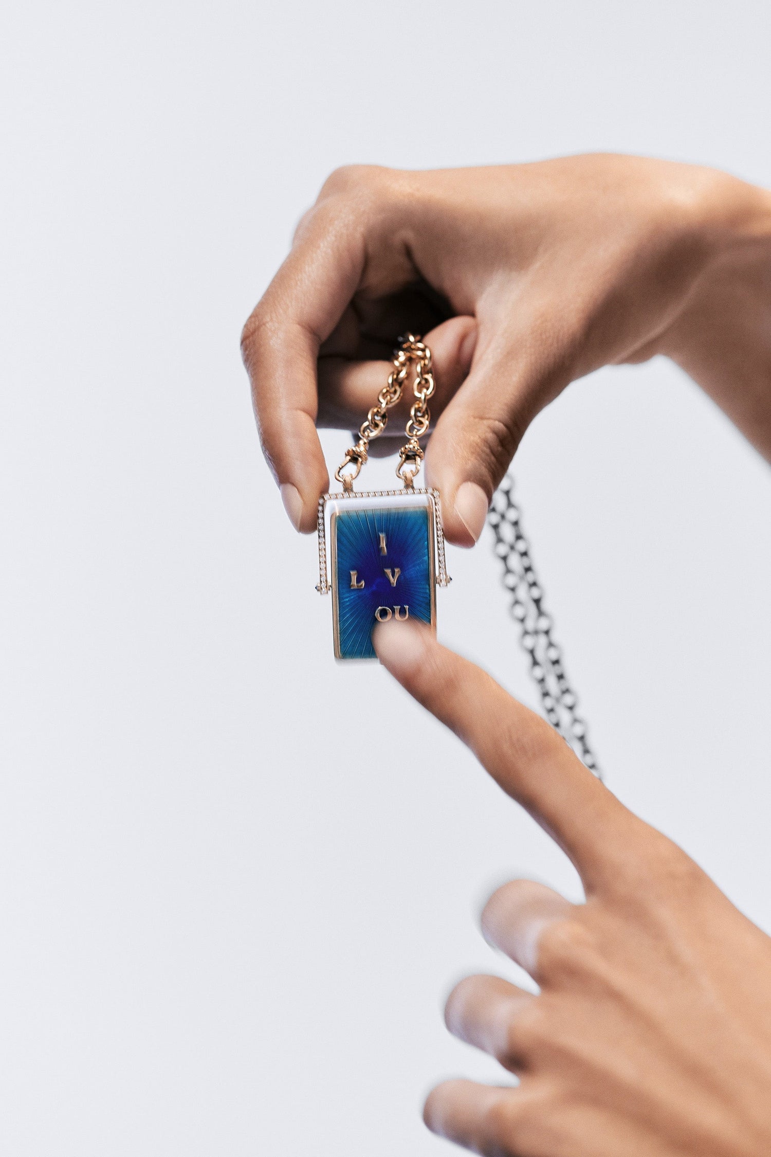 Marie Lichtenberg Staging Scapulaires Love You Spinning Scapular on Rosa Classic Chain