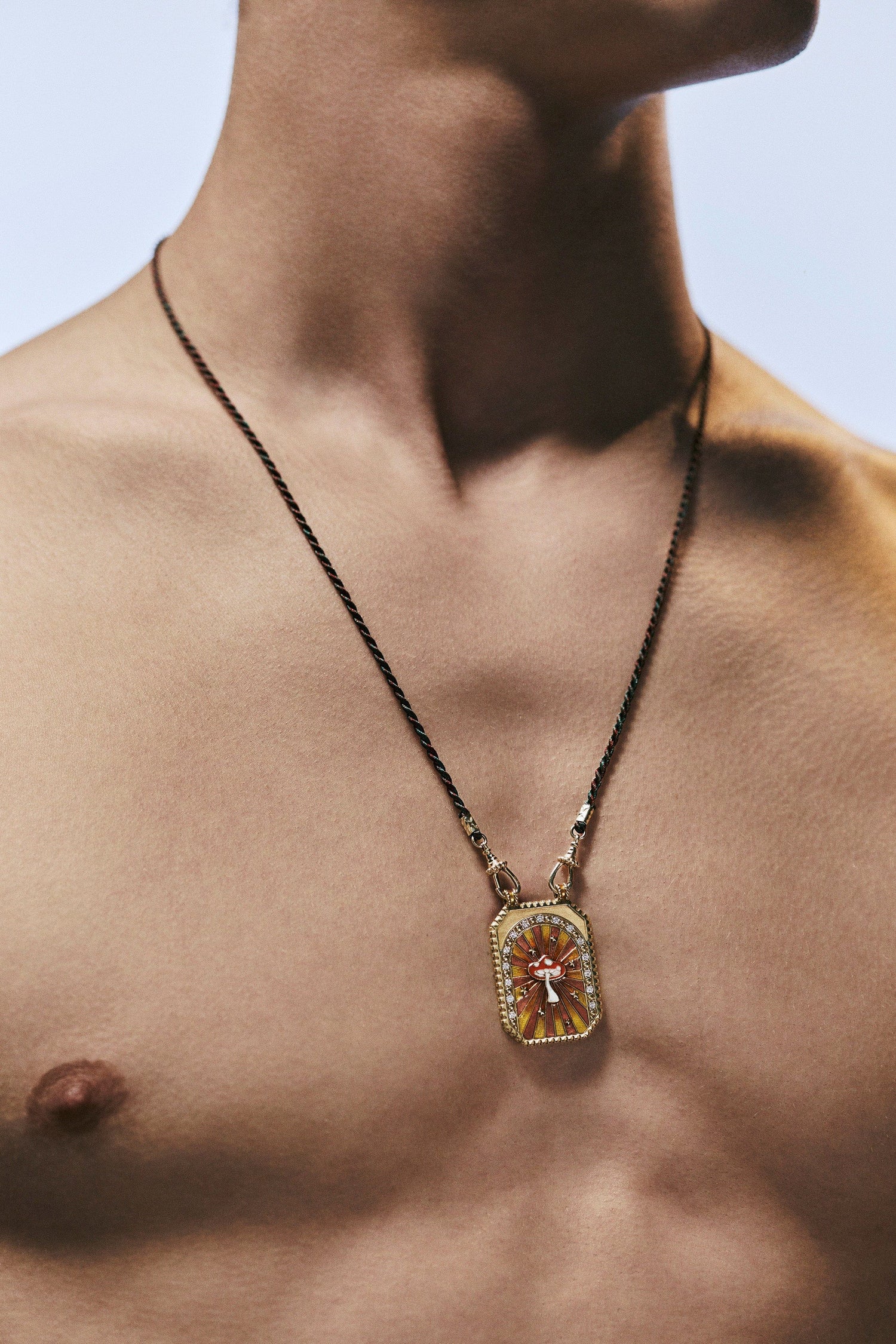 Marie Lichtenberg Staging Scapulaires Pink mushroom Scapular on Silky Link